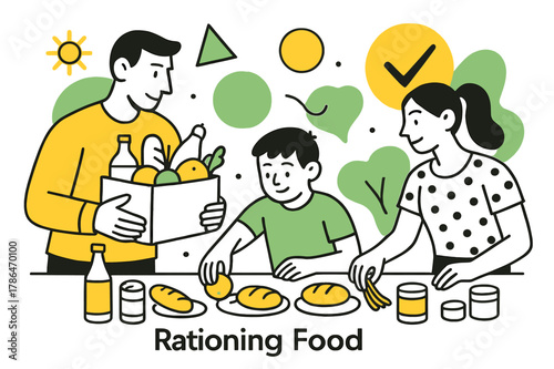 Mindful Grocery Division. Rationing Food. Family dividing groceries into equal portions with floating abstract geometric shapes and icons, responsible and