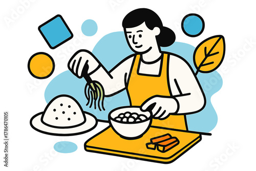 Measured Food Portions. Rationing Food. Person measuring portions of food with floating abstract geometric shapes and soft light accents, careful and organized