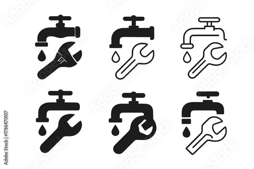 Leaky Faucet Logos. Fixing a leaky faucet in the kitchen. Icon set. Set Logo of Fixing a leaky faucet in the kitchen: adjustable wrench. harmonious logo
