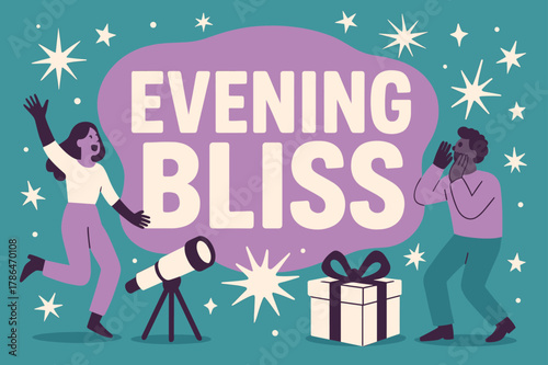 Evening Bliss Celebration. Evening bliss banner, flat vector illustration, bold oversized text inside rounded blob, cartoon characters shouting and dancing,