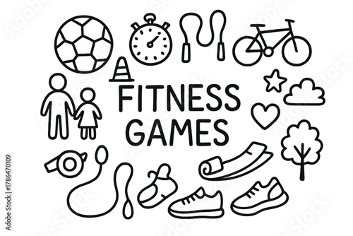 Doodle Fitness Games. Fitness Games. Hand-drawn doodle illustration of Fitness Games. ball, cone, stopwatch,