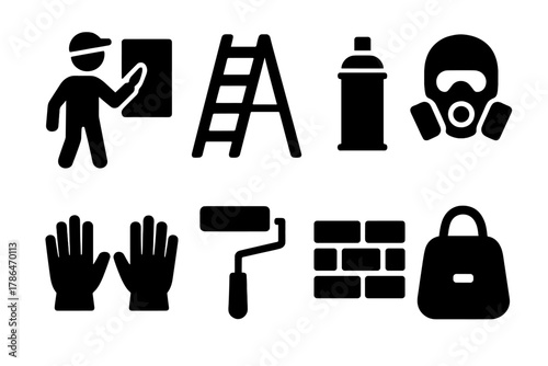 Street Artist Icons. Street artist. Filled icon set of street artist: person painting, ladder, spray can, mask