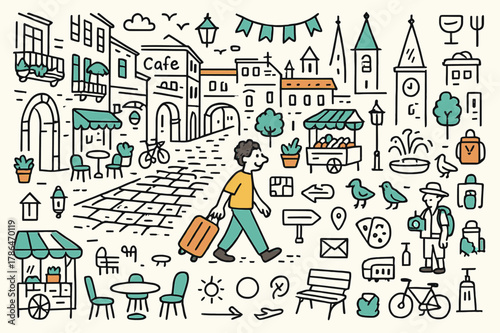 Vibrant European Street Scene. European streets. Hand-drawn doodle illustration person walking (colored), cobblestone street (colored), historic buildings