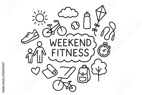 Weekend Fitness Doodle. Weekend Fitness. Hand-drawn doodle illustration of Weekend Fitness. bicycle, running