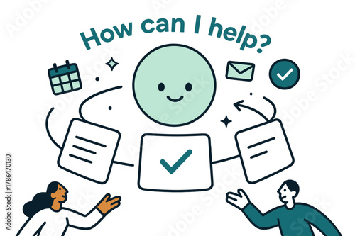 Dynamic AI Assistance. AI Assistants. A friendly orb with a subtle face projects task cards into a tidy arc; caption ?How can I help?? glows above. Floating