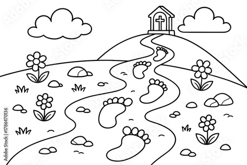 Footprint Path Coloring. Footprints of the journey children?s coloring book illustration, outlined drawing, a trail of big friendly footprints leading past