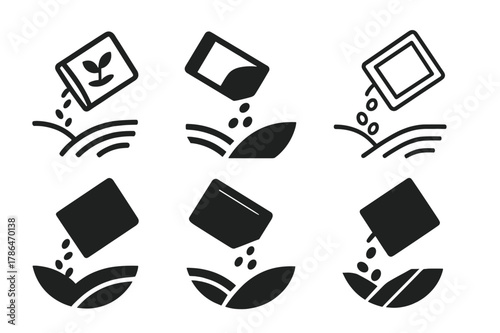 Seed Planting Icons. Planting seeds. Icon set. Set Logo of Planting seeds: seed packet pouring into furrow. harmonious logo variations of the same emblematic
