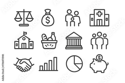 Social Welfare Icons. Social welfare economics. Line icon set of social welfare economics: scale balance, money bag, family, hospital, school, food basket,