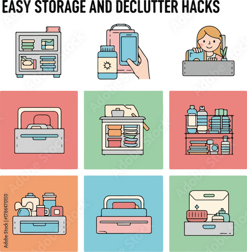 Set of Icons Illustrating Easy Storage and Declutter Hacks for Home Organization