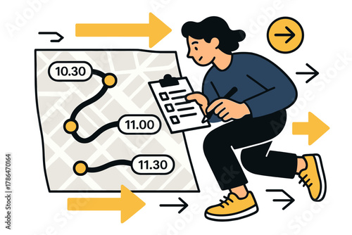 Dynamic Route Mapping. Route tracking. Map with route lines, stops, and time stamps; person checking log and