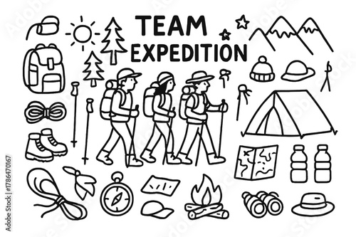 Wallpaper Mural Hiking Adventure Doodle. Team Expedition. Hand-drawn doodle illustration Team Expedition group of hikers, mountains, backpack, tent, walking sticks, compass, Torontodigital.ca