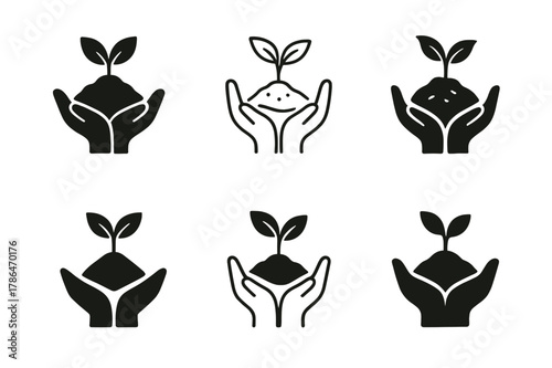 Diverse Organic Logos. Organic farming. Set Logo of organic farming: hands holding soil and sprout. Icon set. harmonious logo variations of the same emblematic