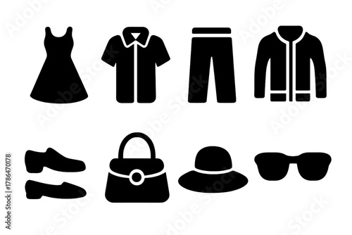 Fashion Icon Set. Fashion outfits. Filled icon set of Fashion outfits: dress, shirt, pants, jacket, shoes, bag