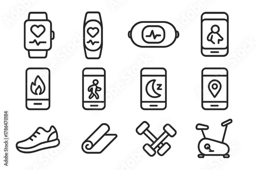 Fitness Trackers Icons. fitness trackers display. Line icon set of fitness trackers display: smartwatch, fitness band, heart rate monitor, pedometer, calorie