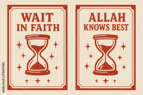 Retro Faith Banners. Patience. Two vertical A6 banners with safe margins, centered composition, no elements touching edges, retro, red and beige, hourglass,