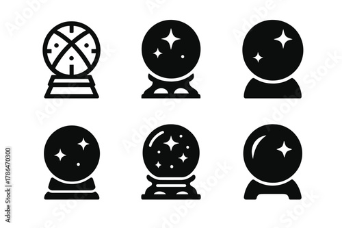 Crystal Ball Logo Set. Crystal ball. Icon set. Set Logo of Crystal ball: tarot table with orb. harmonious logo variations of the same emblematic concept, each