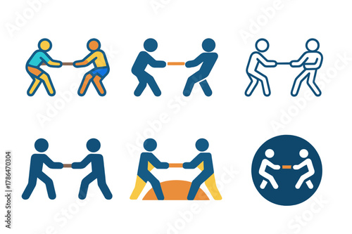 Summer Sports Logos. Summer sports day with outdoor games and activities. Set Logo of Summer sports day with outdoor games and activities: tug-of-war rope with