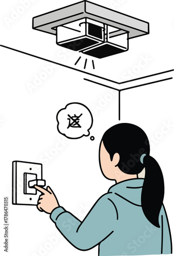 Woman Frustrated with Broken Bathroom Ceiling Fan Light Switch Repair Concept Illustration