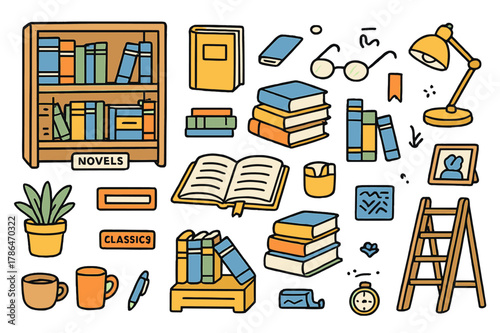 Whimsical Bookshelf Scene. Novel collection. Hand-drawn doodle illustration bookshelf (colored), hardcover books (colored), paperback books (colored), book