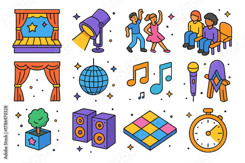 Dance Recital Icons. Dance recital. Colorful isometric vector icons set of dance recital: stage, spotlight, dancers, audience, curtains, disco ball, music