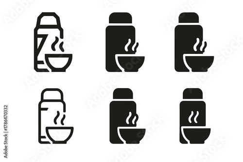 School Lunch Logos. Preparing school lunch. Icon set. Set Logo of preparing school lunch: thermos of warm soup. harmonious logo variations of the