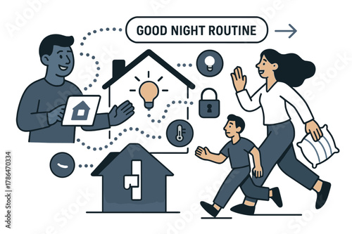 Smart Home Harmony. AI Assistants ? Smart Home Steward. The assistant orchestrates lights, thermostat, and locks; dotted signals flow house-wide. Tag ?good