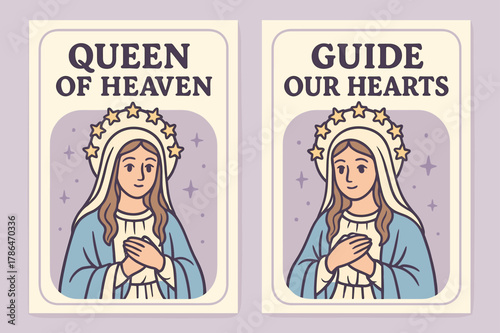Queen of Heaven Banners. Queen of Heaven. Two vertical A6 banners with safe margins, centered composition, no elements touching edges, cartoon, lavender and