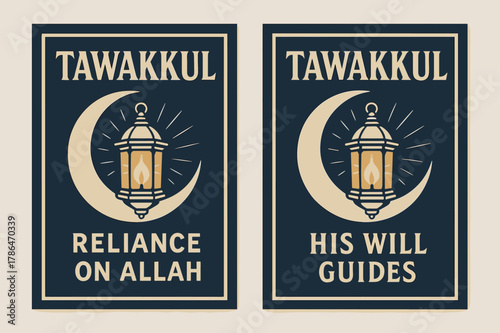 Reliance on Allah. Tawakkul. Two vertical A6 banners with safe margins, centered composition, no elements touching edges, bold, navy and beige, lantern light,