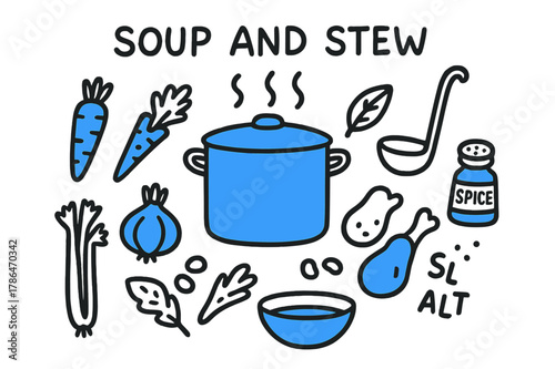 Soup and Stew Doodle. // Soup and stew. Hand-drawn doodle illustration Soup and stew [stockpot (accented), ladle, carrots (accented), celery, onion (accented),