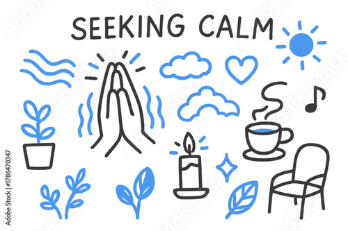 Calm Affirmations Icons. // Seeking calm. Hand-drawn doodle illustration Seeking calm [hands clasped (accented), deep breath lines (accented), plant, candle