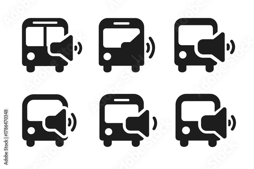 Accessible Transport Icons. Accessible transportation. Set Logo of audio announcement speaker with bus: Stylized detail, Negative space, Minimal outline,