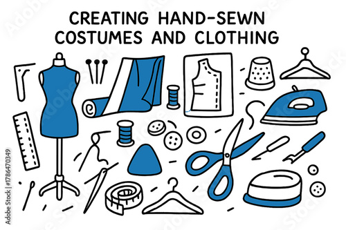 Sewing Essentials Icons. // Creating hand-sewn costumes and clothing. Hand-drawn doodle illustration creating hand-sewn costumes and clothing [dress form