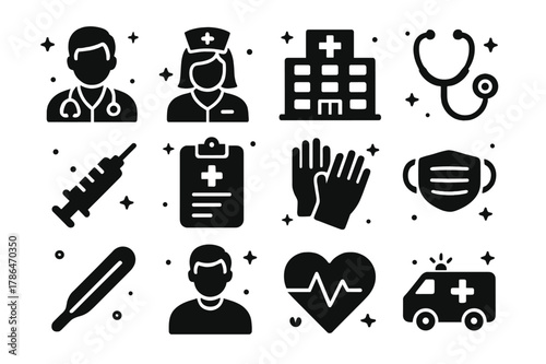 Hospital Staff Icons. Hospital Staff. Solid icons set of Hospital Staff: doctor, nurse, hospital building, stethoscope, syringe, clipboard, gloves, medical