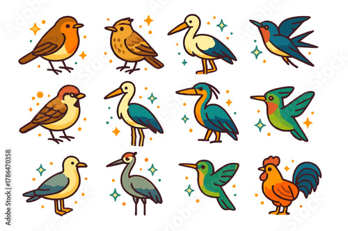 Daybreak Bird Icons. birds at daybreak. Colorful isometric vector icons set of birds at daybreak: robin, blackbird, skylark, swallow, sparrow, stork, heron,