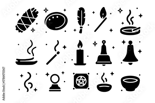 Sage Ritual Icon Set. Sage smudging and rituals. Solid icons set of Sage smudging and rituals: smudge stick, abalone shell, feather fan, charcoal disk, incense