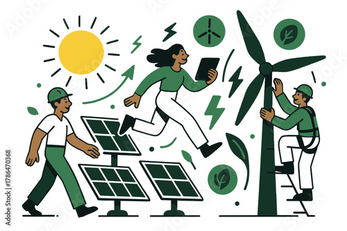 Sustainable Energy Visuals. Renewable energy projects. Solar panels, wind turbines, and technicians; floating