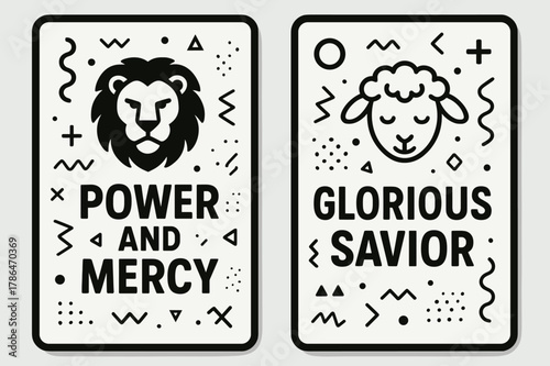 Lion and Lamb Banners. Lion and Lamb. Two vertical A6 banners with safe margins, centered composition, no elements touching edges, memphis, black and white,