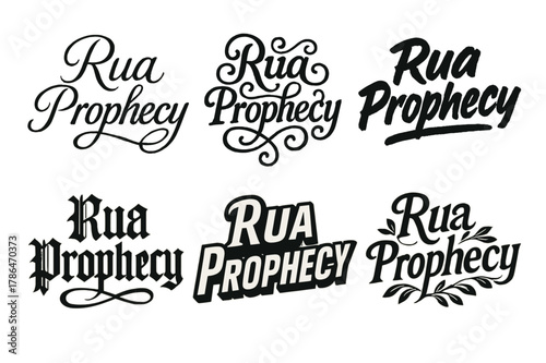 Diverse Lettering Styles. Rua Prophecy. Set lettering. harmonious lettering variations of the same emblematic concept, each with different artistic
