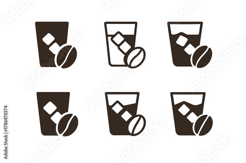 Cold Brew Logo Variations. Cold brew setup. Set Logo of Cold brew setup: coffee bean beside ice cube icon. Icon set. harmonious logo variations of the same