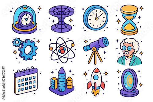 Colorful Time Icons. Temporal mechanics. Colorful isometric vector icons set of temporal mechanics: time machine, wormhole, clock, hourglass, gears, quantum