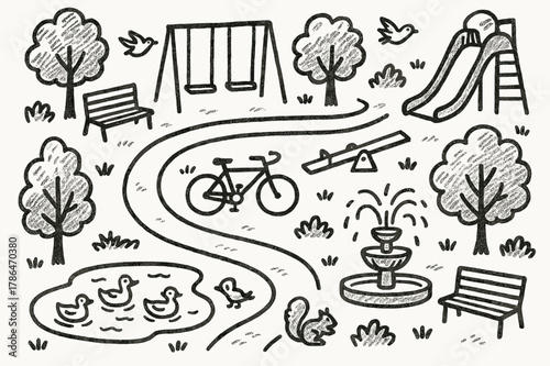 Lively Park Scene. Park. Hand-drawn doodle illustration Park trees, benches, swings, slides, seesaws, playgrounds, walking trails, bicycles, birds, squirrels,