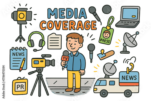 Colorful Media Icons. media coverage. Colorful Hand-drawn doodle Children illustration media coverage reporter, camera, microphone, tripod, notebook, press