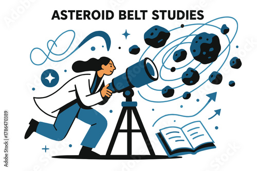 Astronomy Research Visualization. Asteroid belt studies. Telescope pointing towards asteroid belt with floating asteroids and abstract orbit lines; conveys