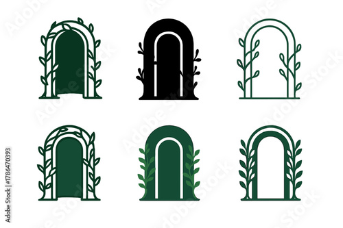 Enchanted Doorway Logos. Enchanted doorway. Set Logo of Enchanted doorway: vine-wrapped arch. harmonious logo variations of the same emblematic concept, each