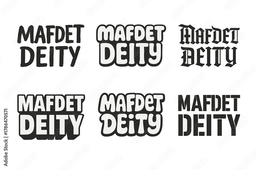Obraz premium Mafdet Lettering Styles. Mafdet Deity. Set lettering. harmonious lettering variations of the same emblematic concept, each with different artistic