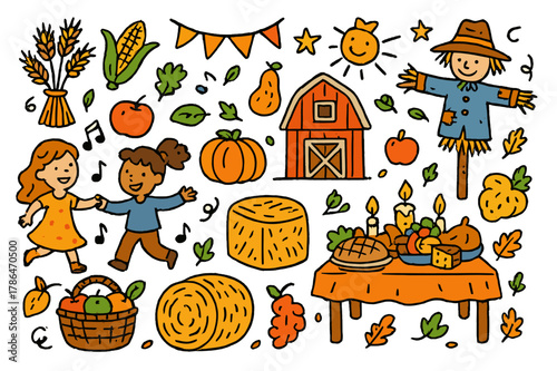 Harvest Festival Celebration. Harvest festival. Colorful Hand-drawn doodle Children illustration Harvest festival wheat sheaves, corn, pumpkin, baskets, hay