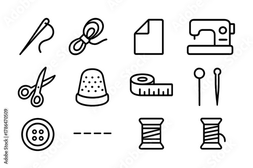 Sewing Tools Icons. Clothing stitching. Line icon set of clothing stitching: needle, thread, fabric fold, sewing machine, scissors, thimble, measuring tape,