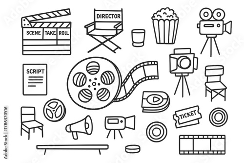 Film Industry Doodles. Film Reel. Hand-drawn doodle illustration Film Reel film reel, movie tape, clapperboard, director?s chair, popcorn, camera, spotlight,
