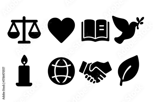 Ethics and Faith Icons. Ethics and faith. Filled icon set of ethics and faith: scales, heart, book, dove,