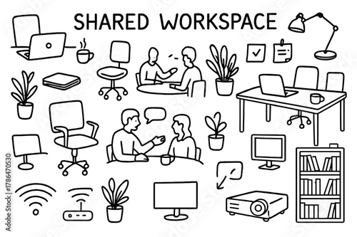 Shared Workspace Doodles. Shared Workspace. Hand-drawn doodle illustration Shared Workspace desks, laptops, office chairs, coffee cups, plants,